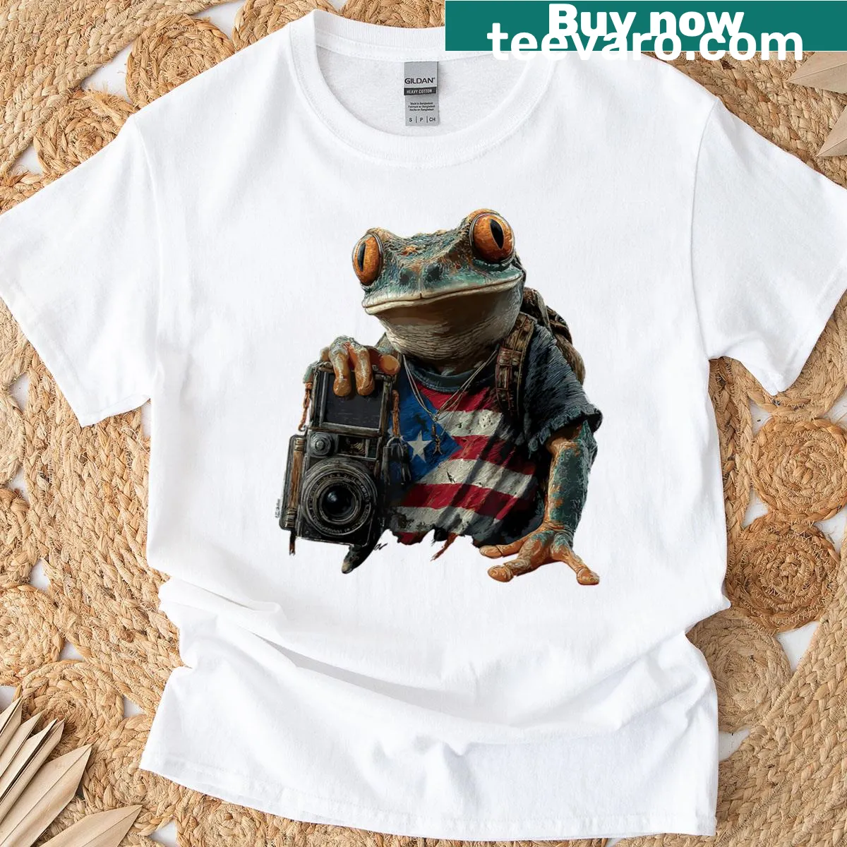 Puerto Rican coqui frog T-shirt with flag and camera — on a men's t-shirt