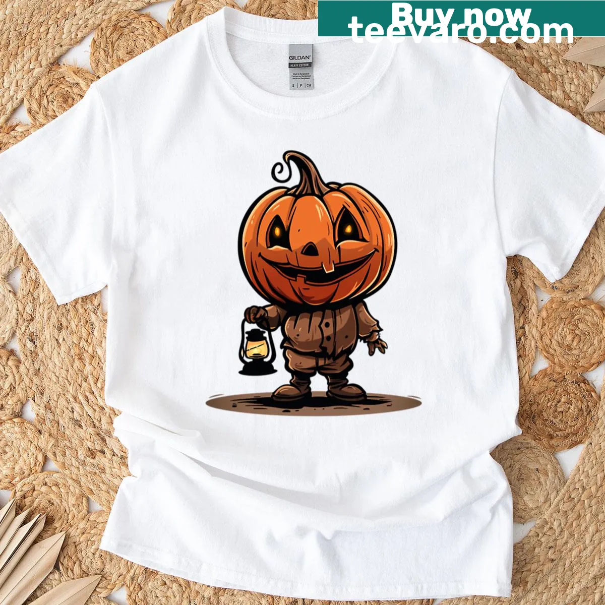 Vintage cartoon pumpkin head with lantern for Halloween t-shirt — on a men's t-shirt