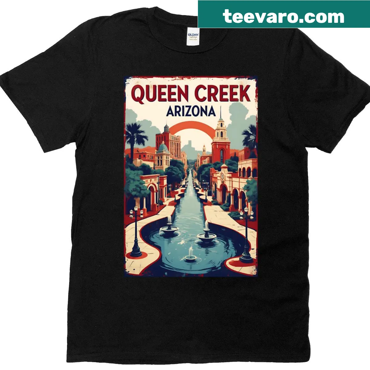 Vintage-style Queen Creek Arizona travel T-shirt from the 1950s — on a men's t-shirt