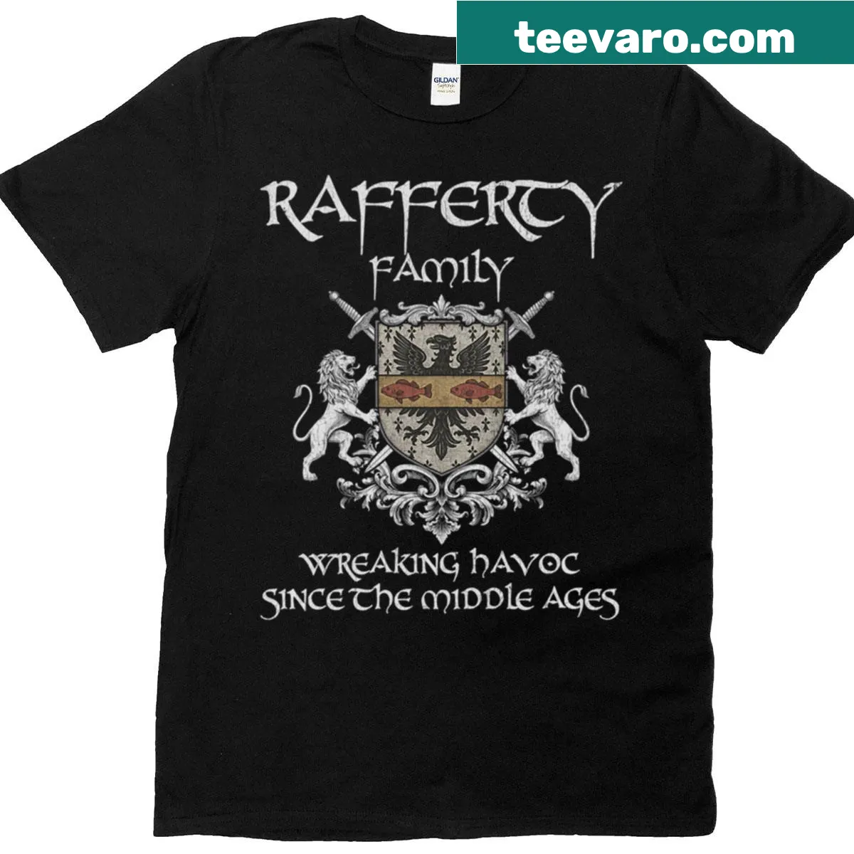 Vintage-style t-shirt with Rafferty family crest design — on a men's t-shirt