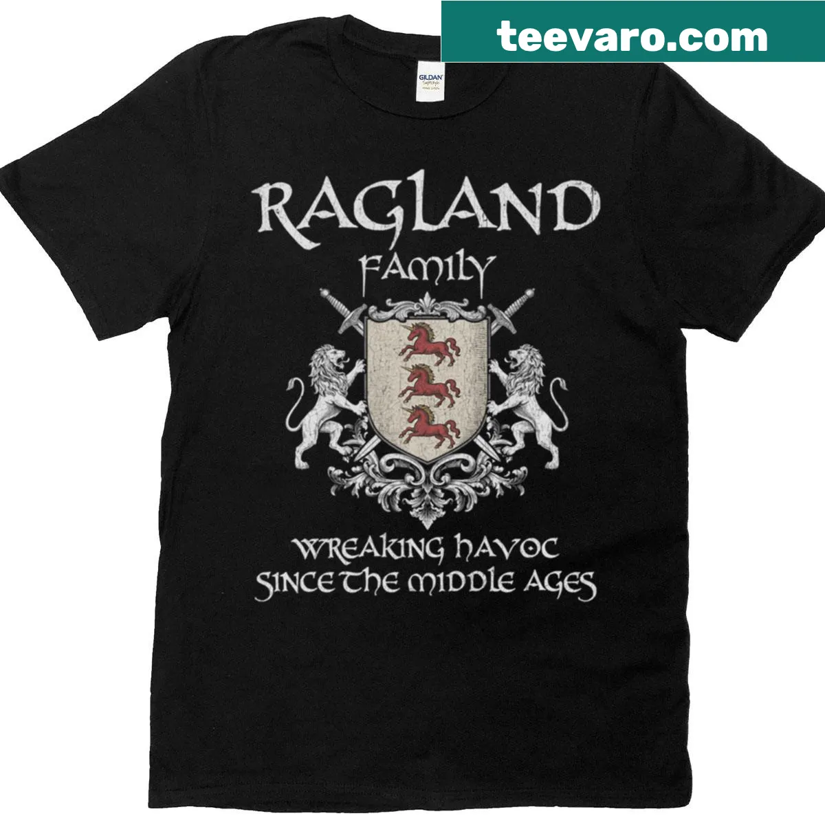 Vintage-style T-shirt featuring the Ragland family crest — on a men's t-shirt