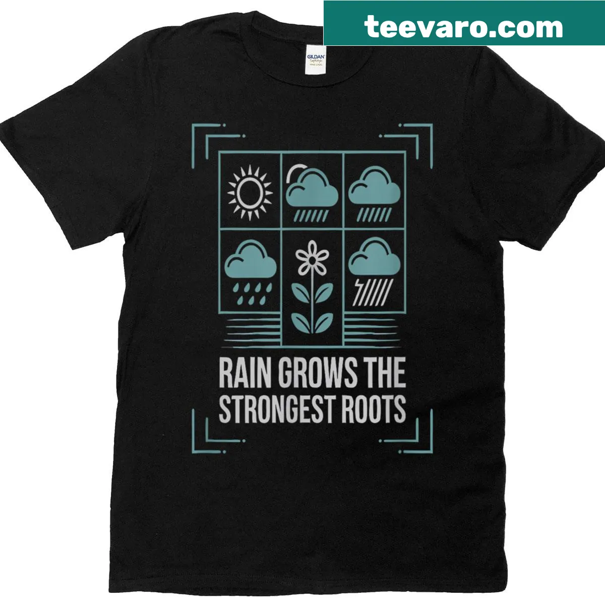 Inspirational T-shirt with 'Rain Grows The Strongest Roots' text — on a men's t-shirt