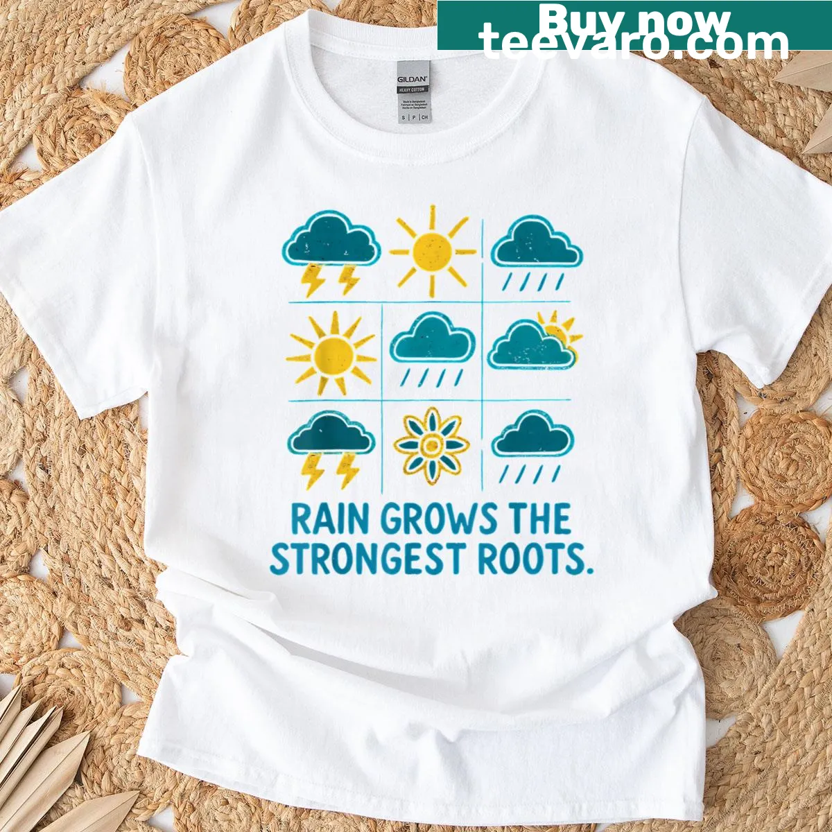 Illustrated t-shirt with a motivational quote about rain and roots — on a men's t-shirt