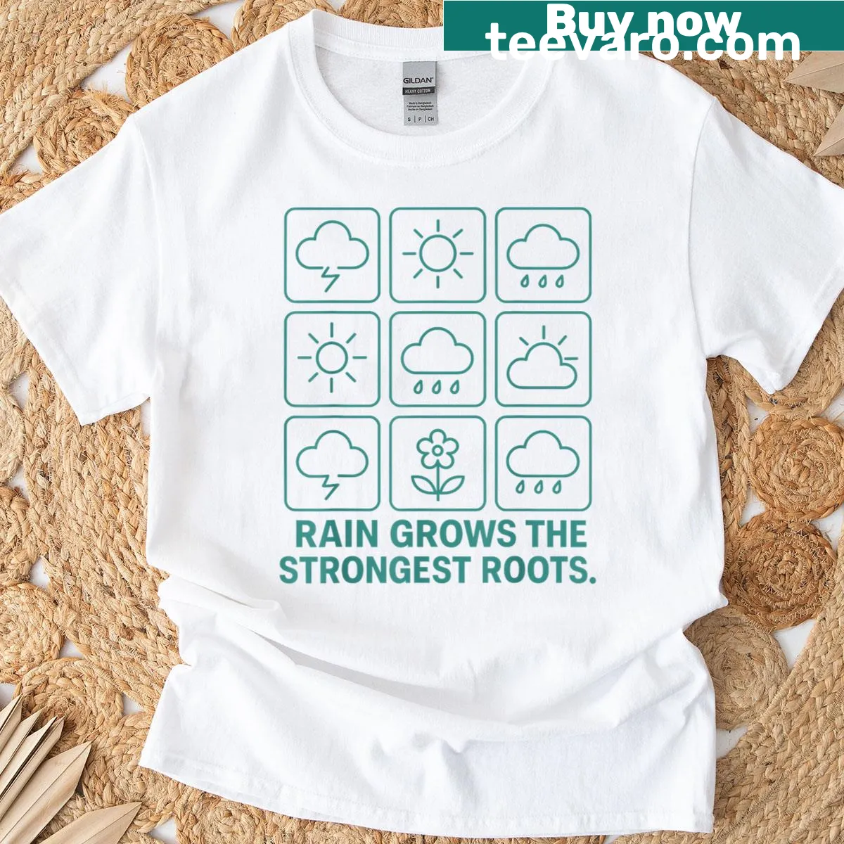 Inspirational quote 'Rain Grows The Strongest Roots' on a t-shirt — on a men's t-shirt