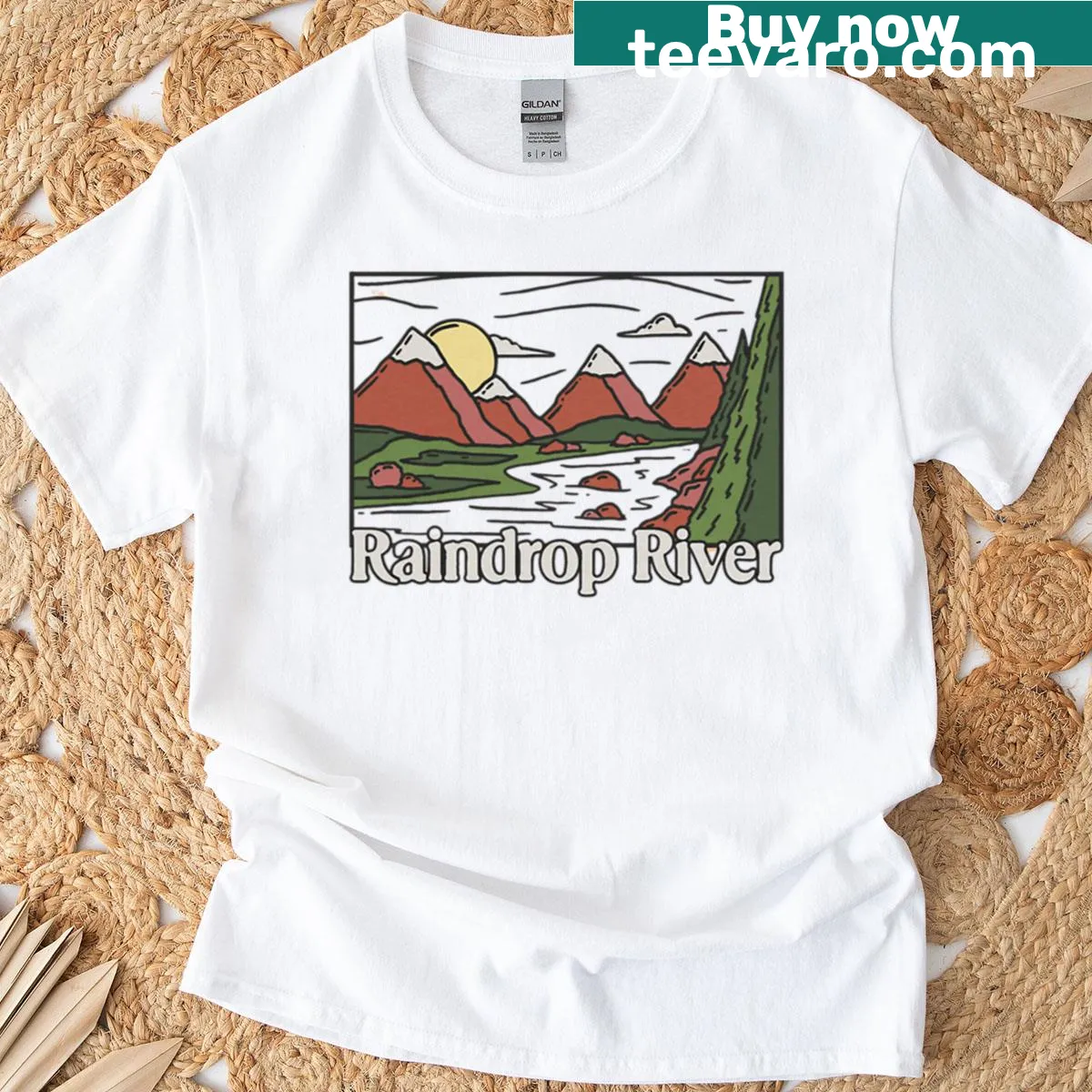 Nature illustration t-shirt featuring a raindrop and river design — on a men's t-shirt