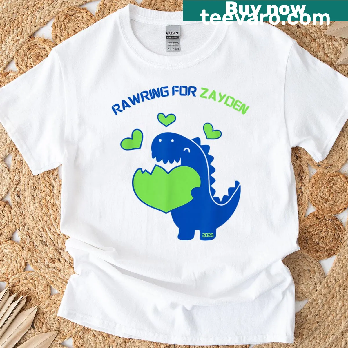 Dinosaur-themed t-shirt with Rawring For Zayden text — on a men's t-shirt