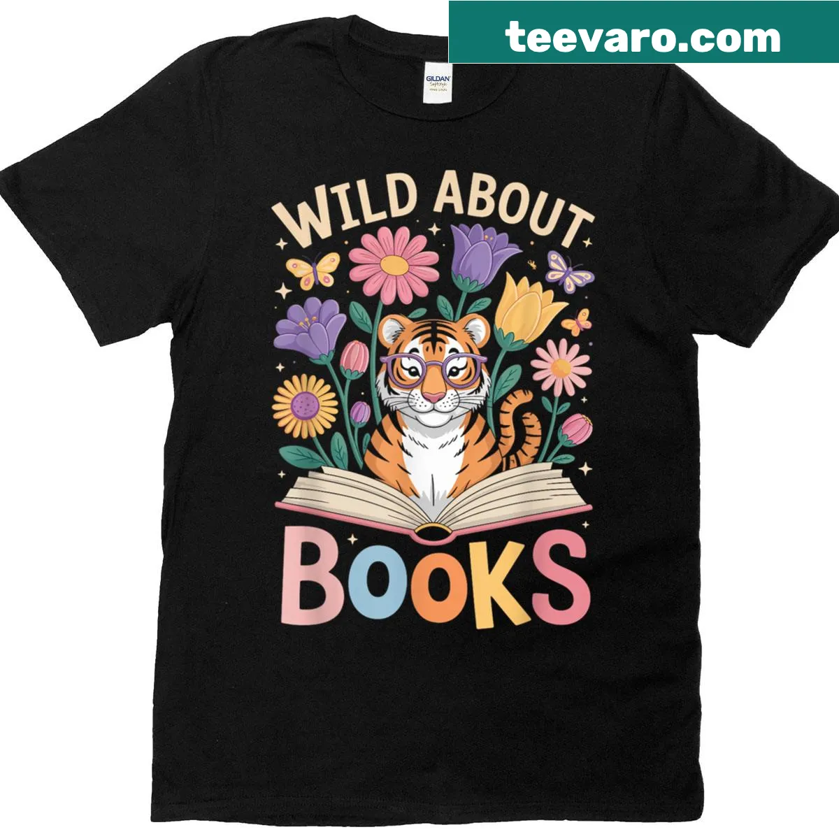 Cute tiger surrounded by flowers with book lover text — on a men's t-shirt