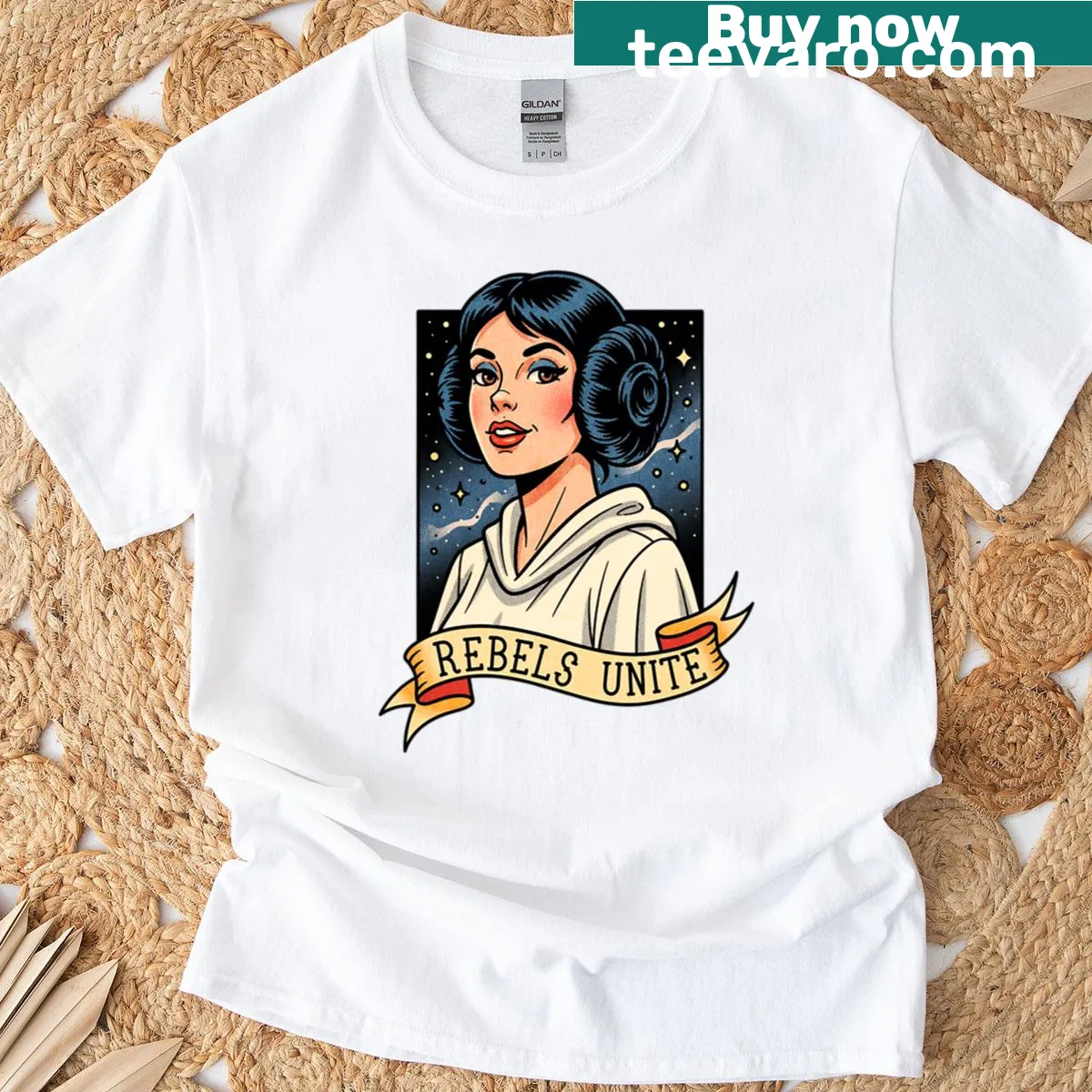 Oversized T-shirt with playful 'Rebels Unite 2' graphic design. — on a men's t-shirt