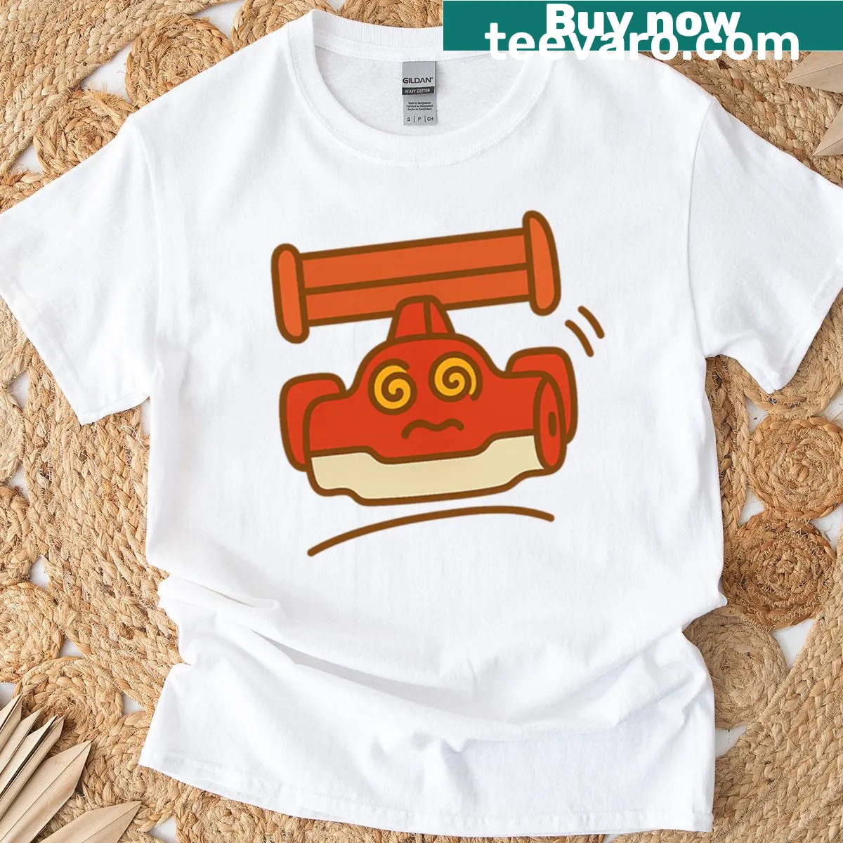 Dynamic Formula 1 racing graphic in red and orange colors — on a men's t-shirt