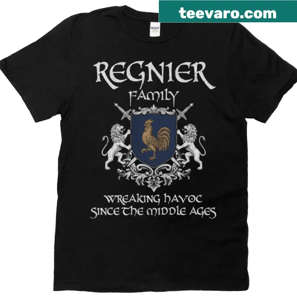 Vintage-style t-shirt featuring the Regnier family crest for ancestry fans