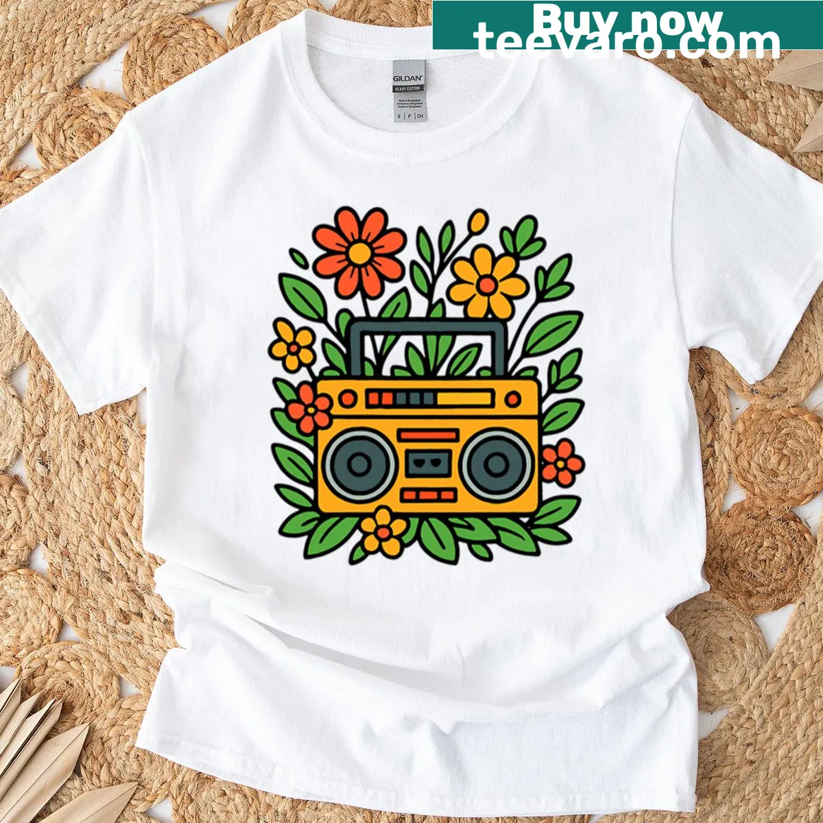 Retro boombox surrounded by flowers for music lover t-shirt — on a men's t-shirt