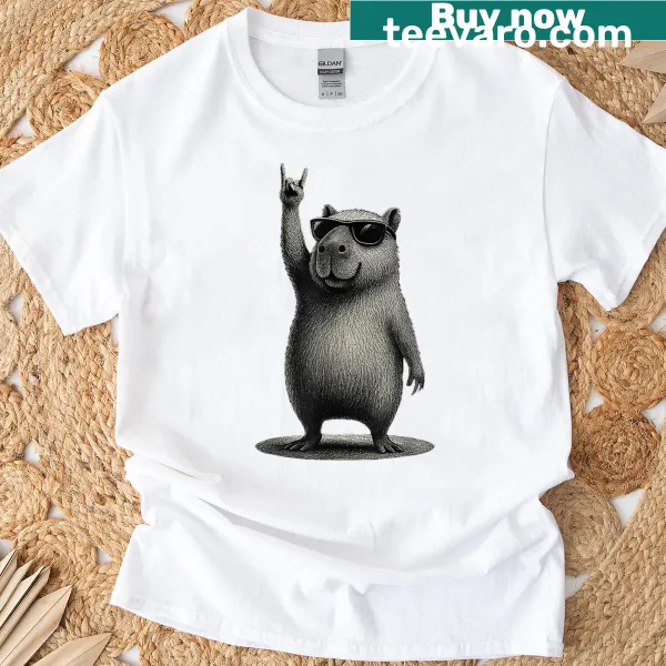 Funny capybara rocking out with headphones on a T-shirt