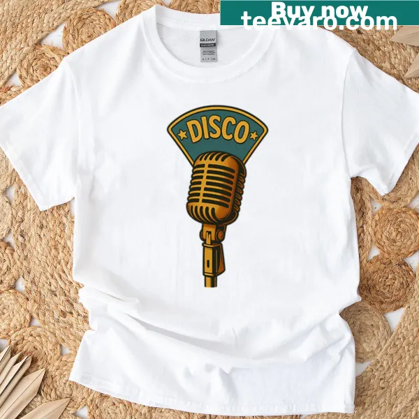 Retro disco microphone graphic t-shirt celebrating 70s dance music