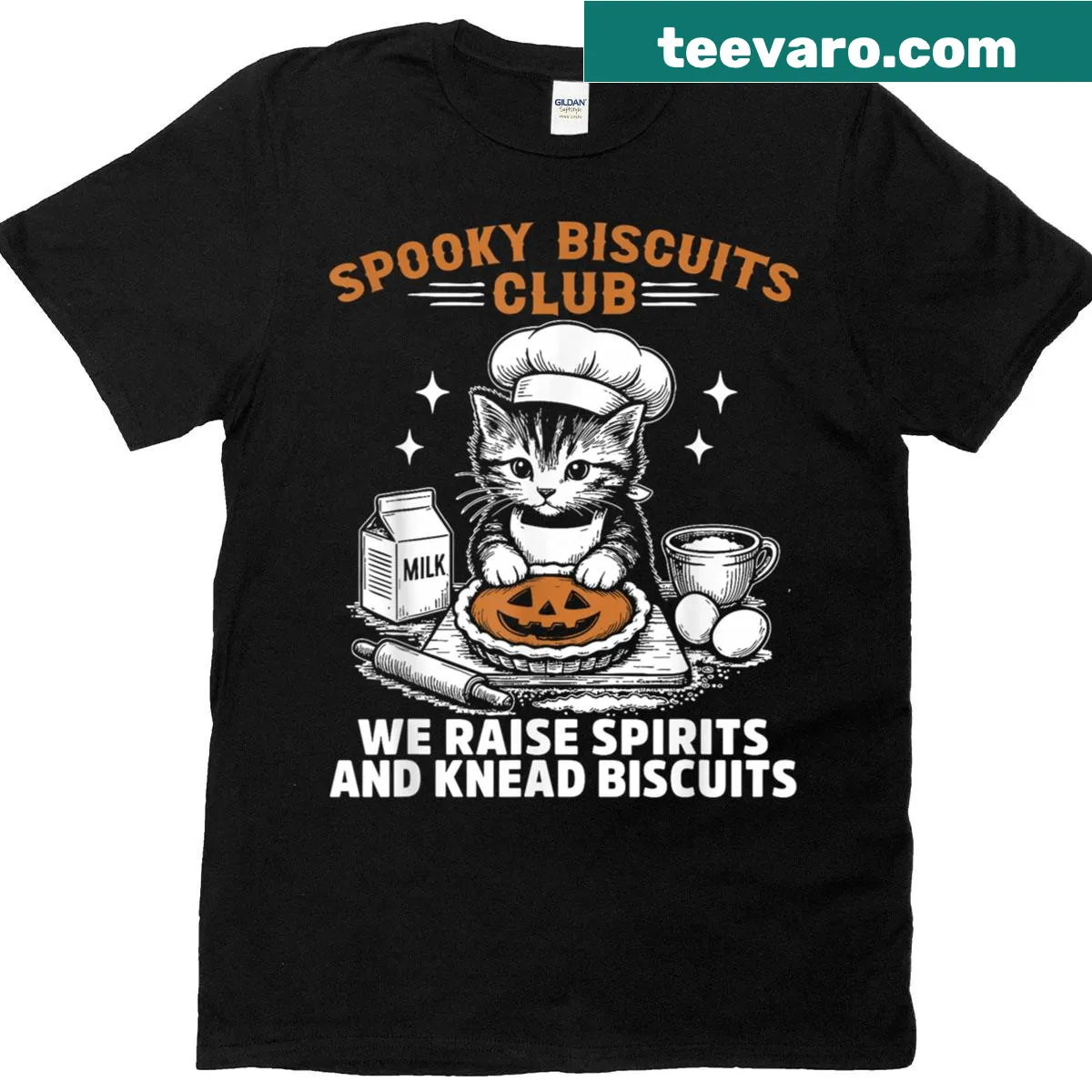 Vintage-style Halloween shirt for cat lovers featuring spooky pastries. — on a men's t-shirt