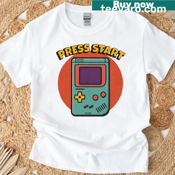 Vintage Gameboy graphic t-shirt with 'Press Start' design