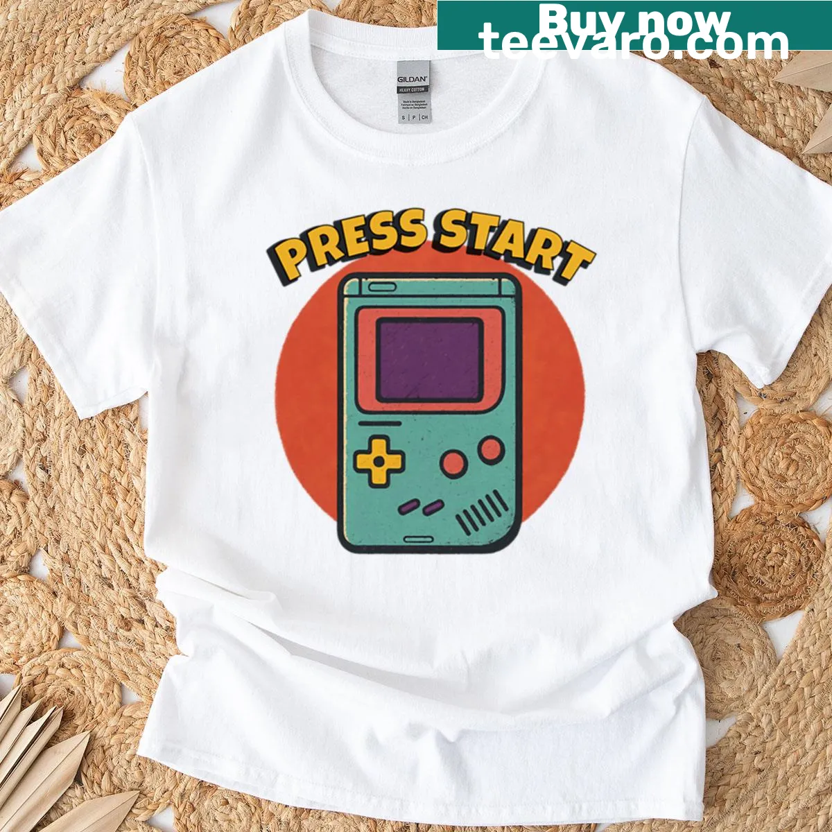 Vintage Gameboy graphic t-shirt with 'Press Start' design — on a men's t-shirt