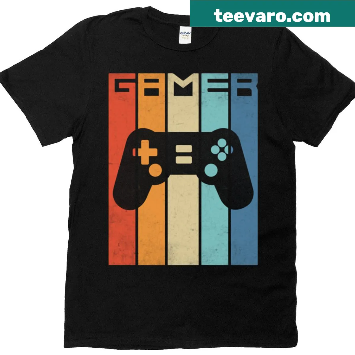 T-shirt featuring a retro gamer controller design — on a men's t-shirt