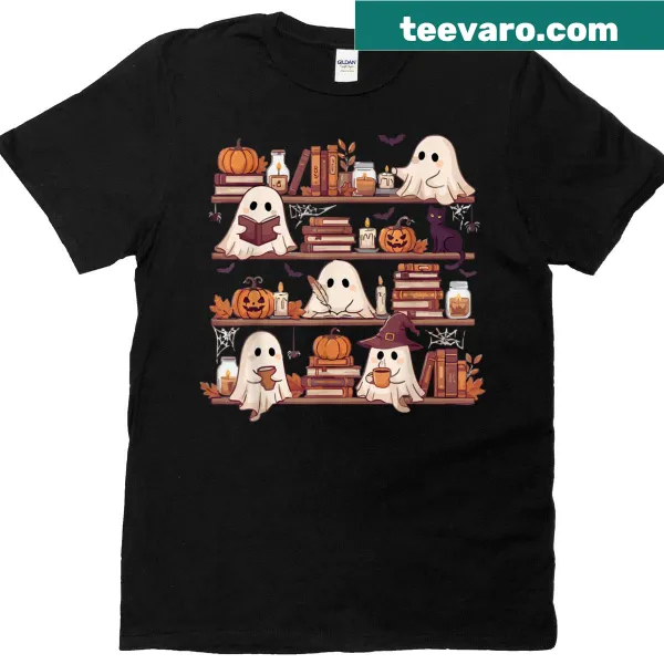 Whimsical t-shirt featuring ghosts reading books in a spooky library