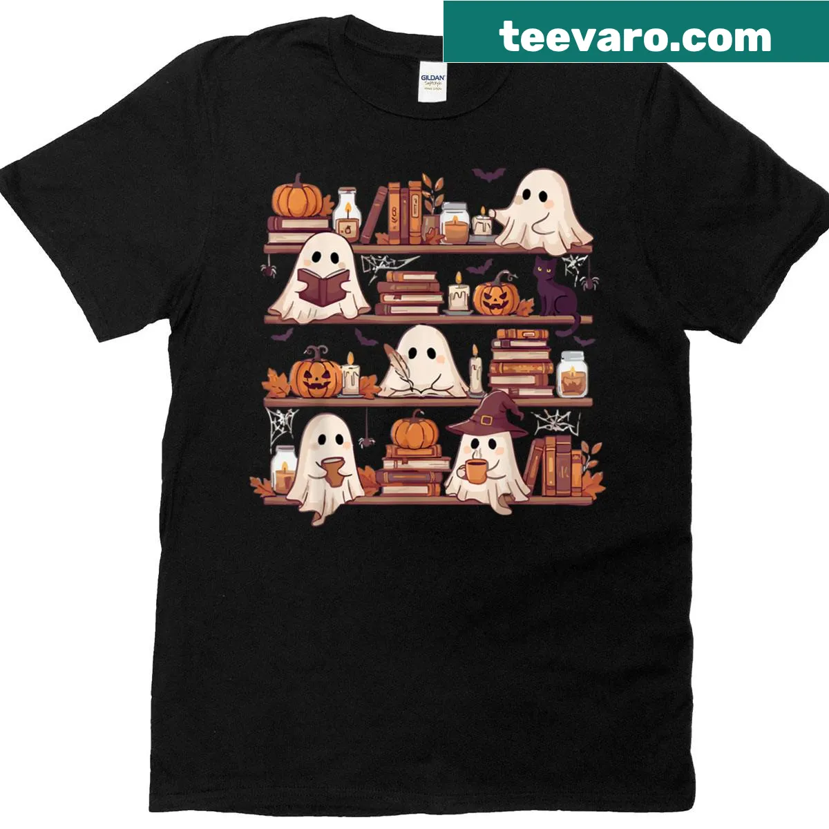 Whimsical t-shirt featuring ghosts reading books in a spooky library — on a men's t-shirt