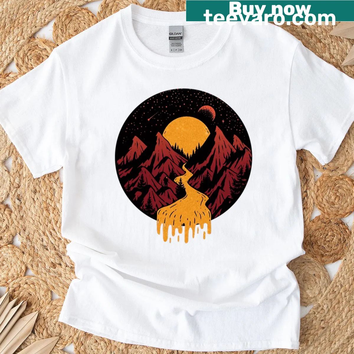 Mountain landscape with sunset illustration on a shirt — on a men's t-shirt