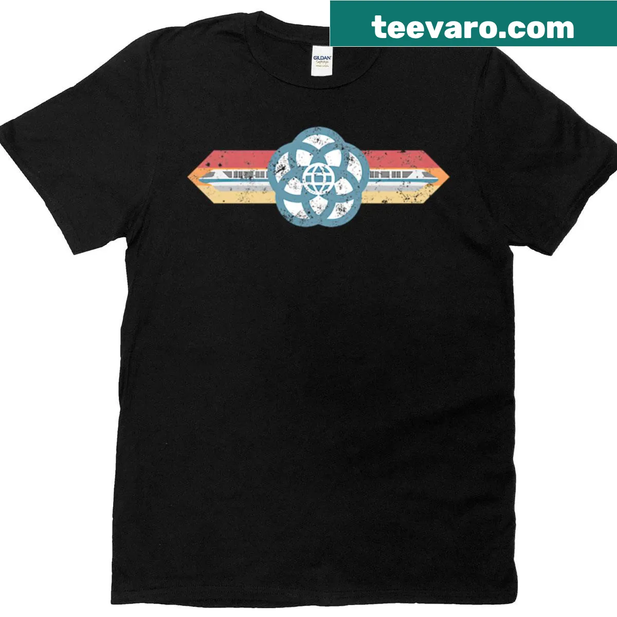 Vintage monorail globe graphic on an oversized T-shirt — on a men's t-shirt