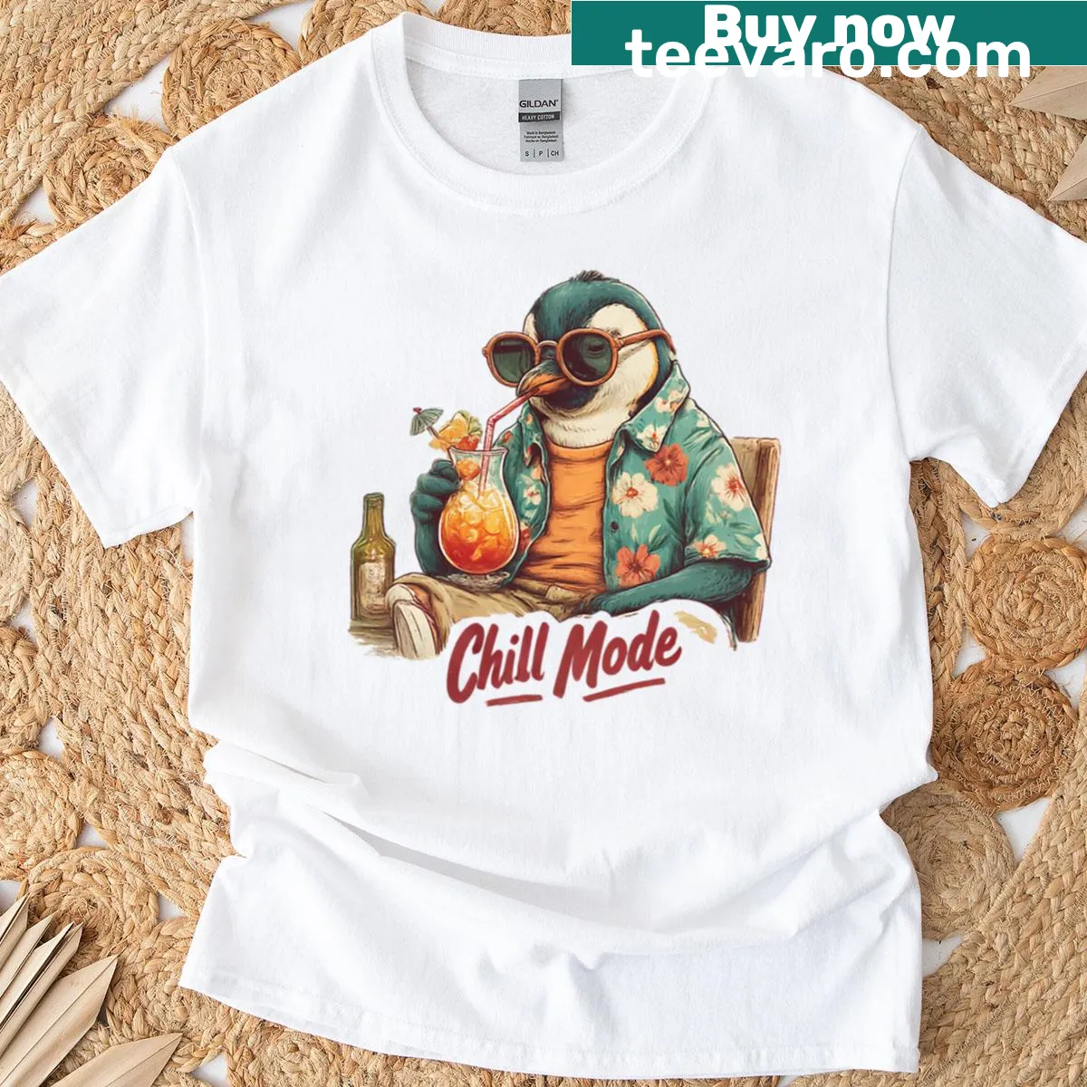 T-shirt featuring a relaxed penguin and Chill Mode text — on a men's t-shirt