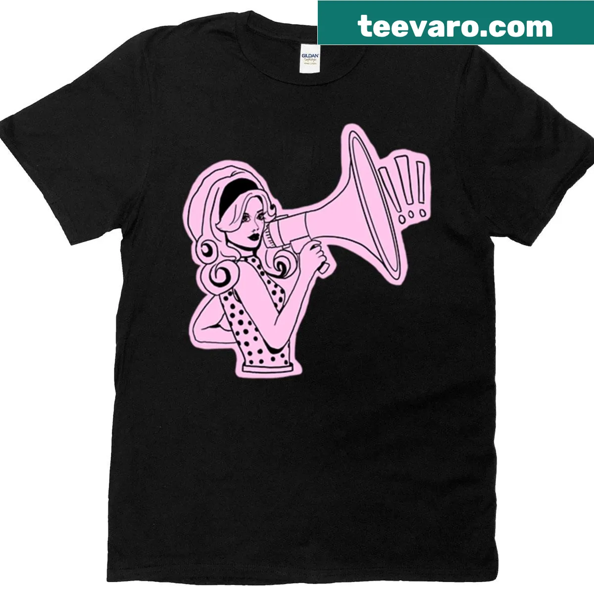 Oversized retro pop art T-shirt featuring a girl with a megaphone — on a men's t-shirt