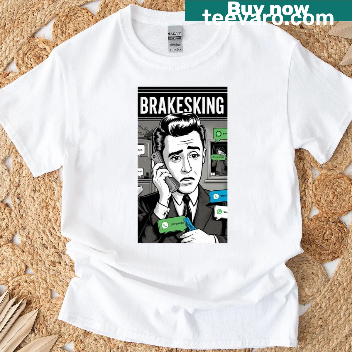 Vintage comic-style t-shirt with a fun phone call illustration. — on a men's t-shirt