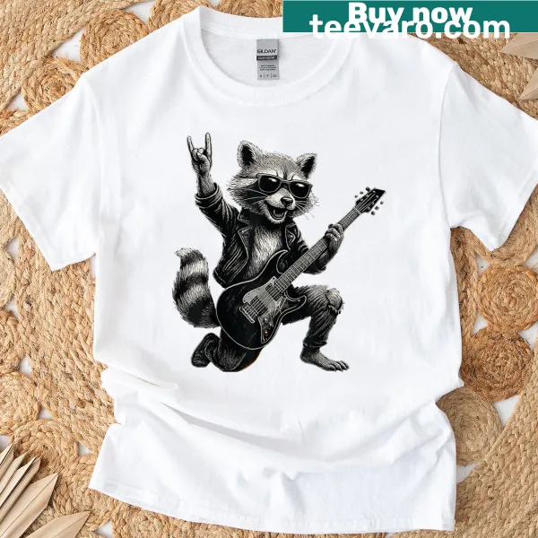 Funny cartoon raccoon rocking out on a t-shirt