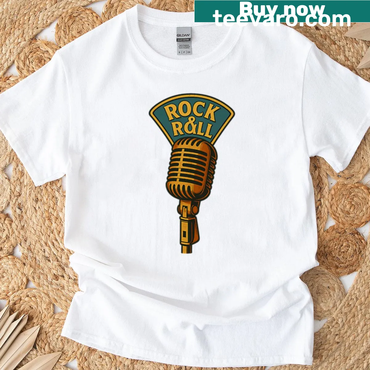 Vintage rock and roll microphone T-shirt with retro design — on a men's t-shirt