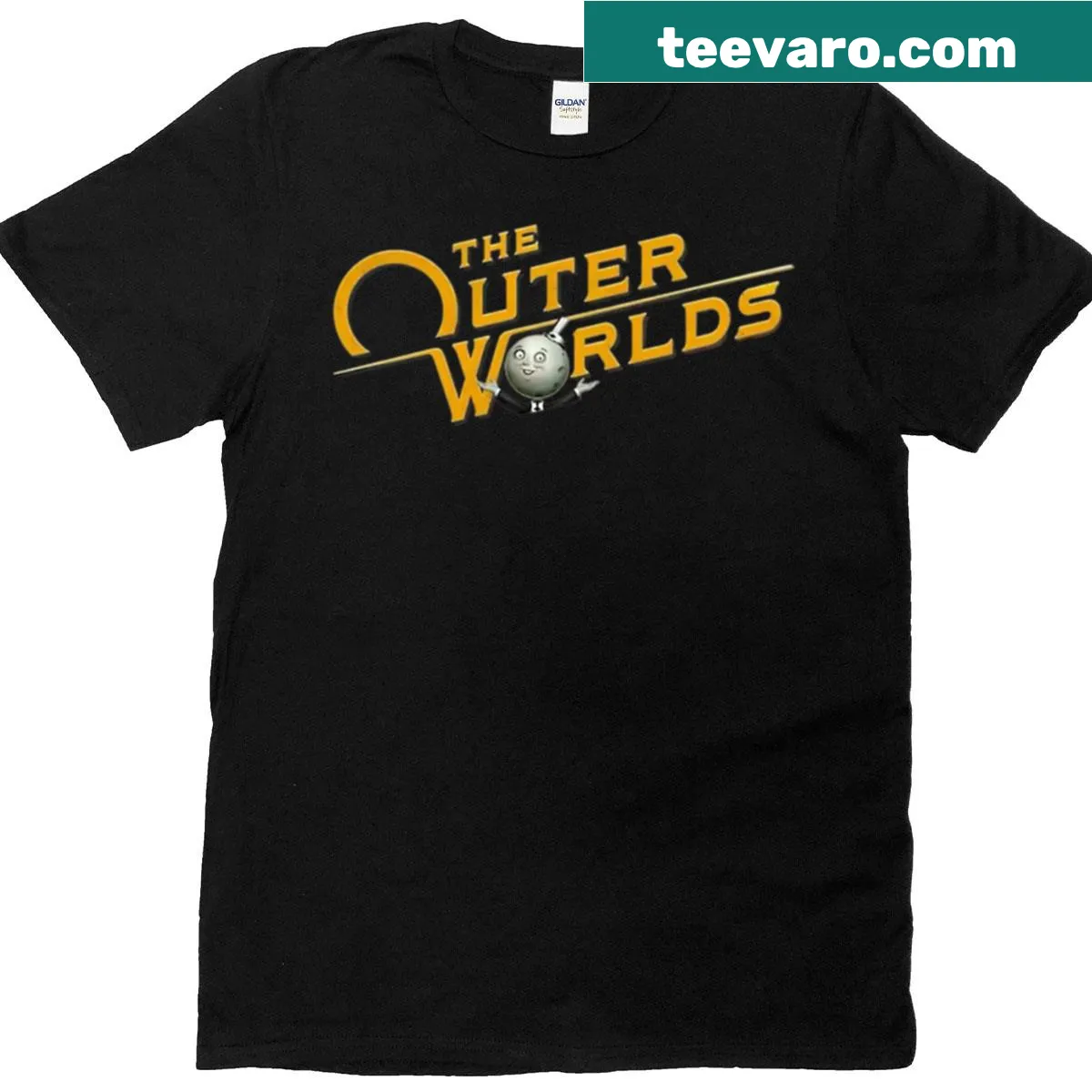 Illustrated retro space logo inspired by The Outer Worlds for gamers — on a men's t-shirt