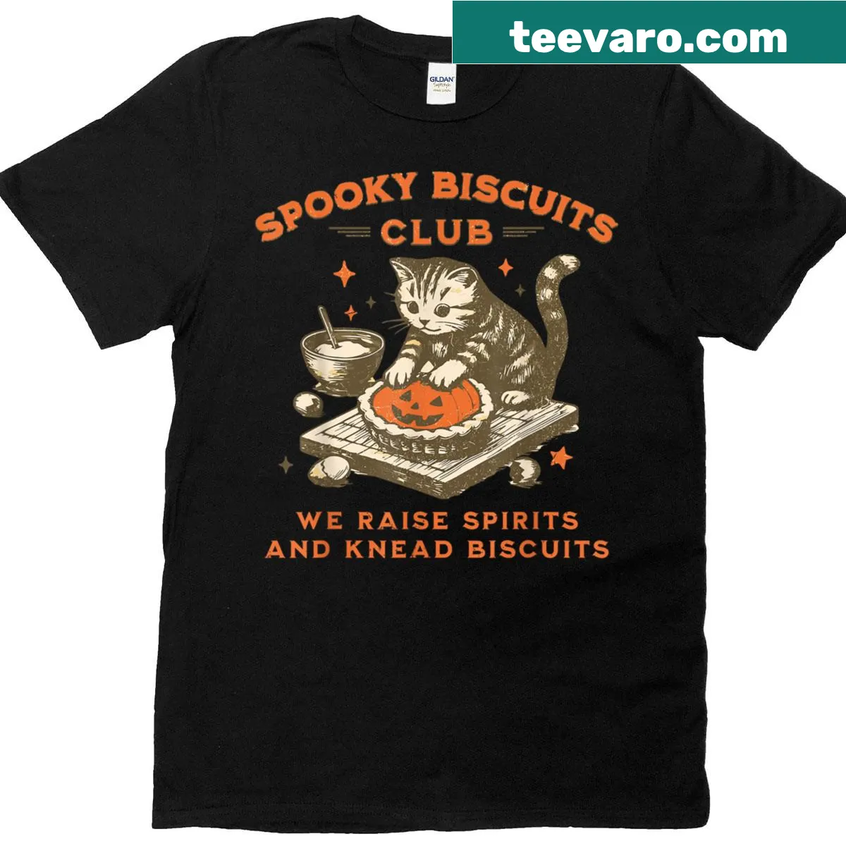 Vintage distressed Cat Halloween t-shirt with a cat baking spooky biscuits. — on a men's t-shirt