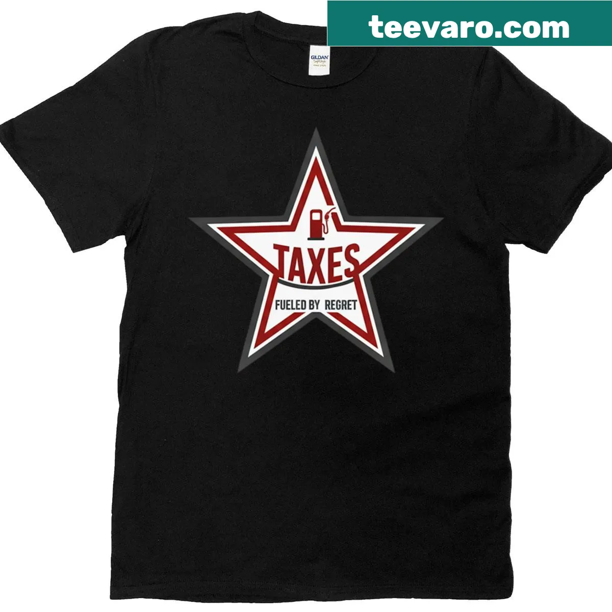 Retro badge design t-shirt about taxes and regret — on a men's t-shirt