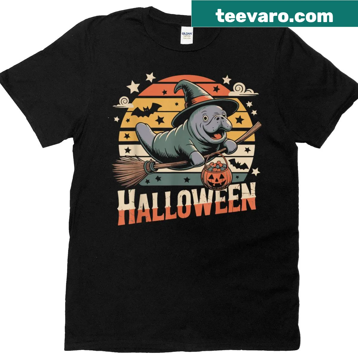 Vintage Halloween T-shirt with a manatee wearing a witch hat — on a men's t-shirt