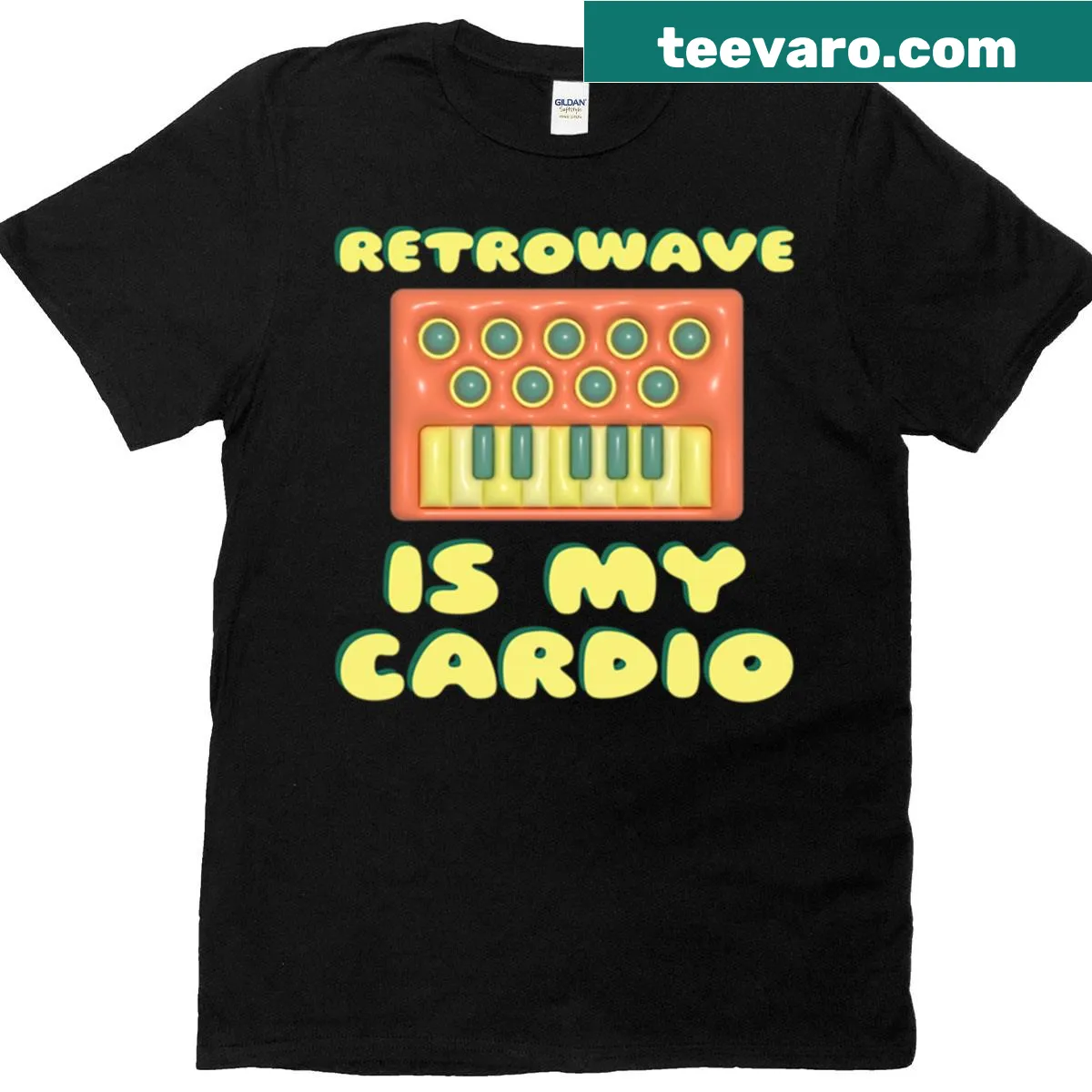 Typography graphic that reads 'Retrowave Is My Cardio' on a t-shirt — on a men's t-shirt