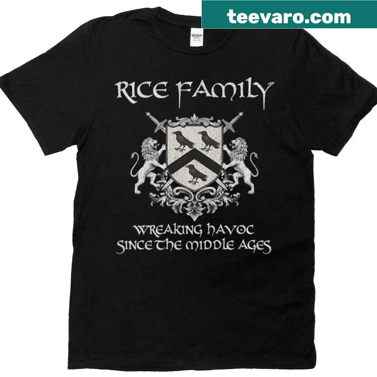 Family crest t-shirt featuring the Rice family emblem. — on a men's t-shirt