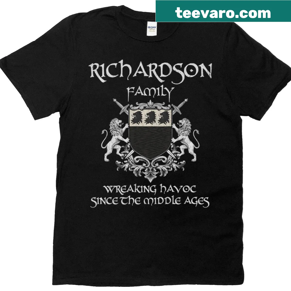 Vintage-style T-shirt featuring Richardson family crest emblem — on a men's t-shirt