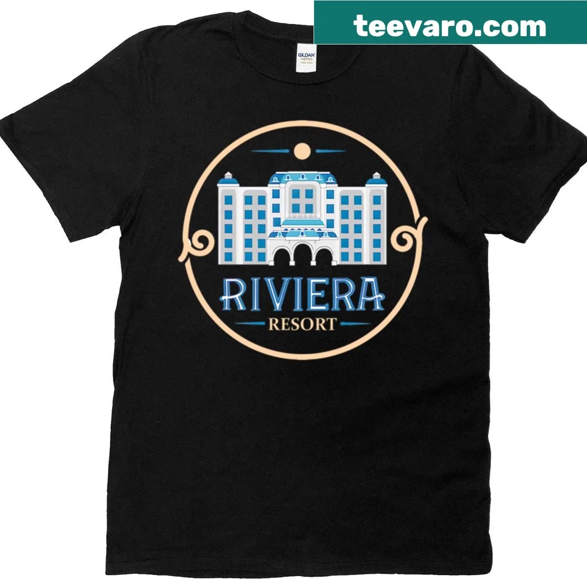 Illustrated T-shirt with a Riviera hotel vacation theme. — on a men's t-shirt