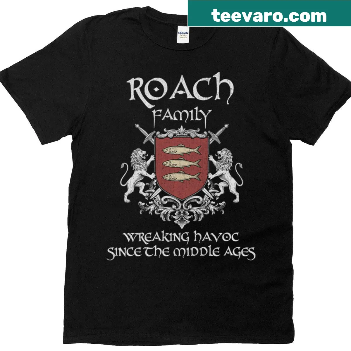 Vintage-style t-shirt featuring the Roach family crest in a medieval design. — on a men's t-shirt
