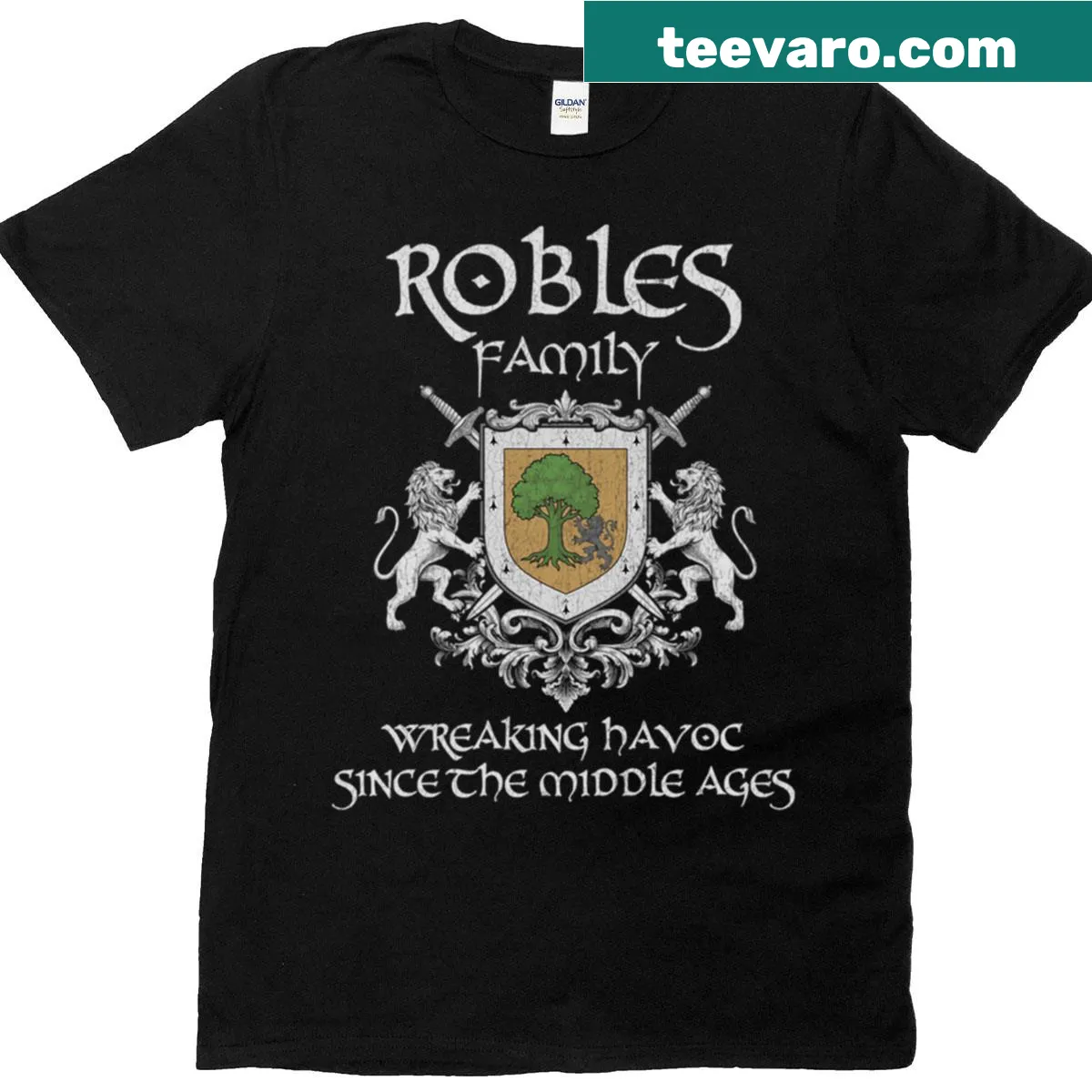 Oversized T-shirt featuring the Robles Family Crest in vintage style — on a men's t-shirt