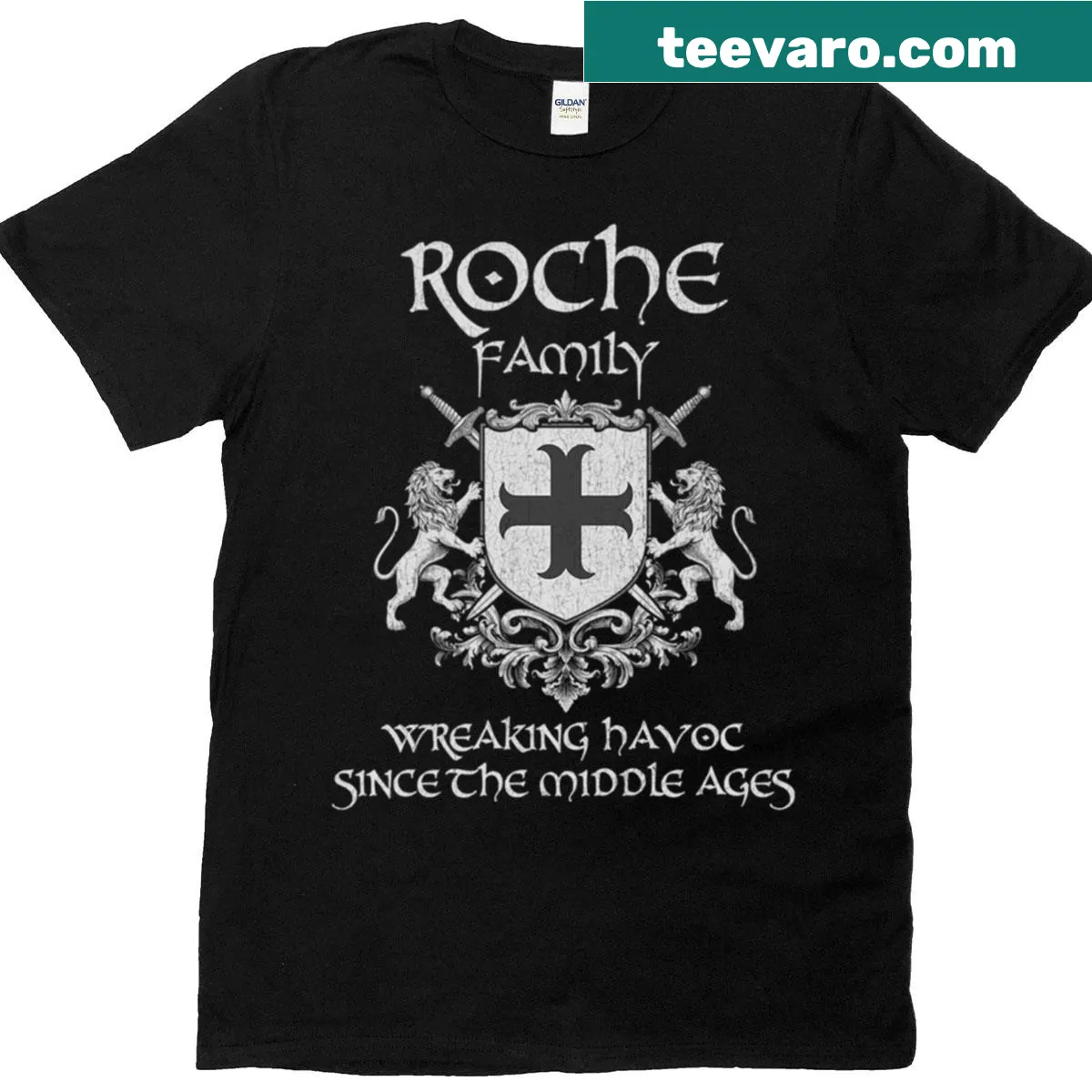 Vintage Roche family crest T-shirt featuring a medieval emblem — on a men's t-shirt