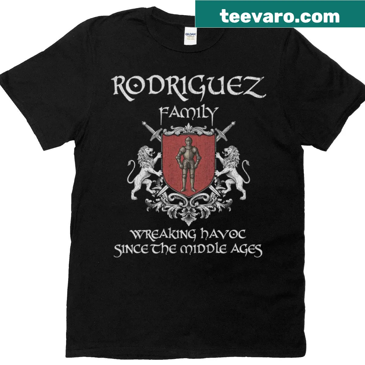 Vintage t-shirt featuring the Rodriguez family crest emblem — on a men's t-shirt