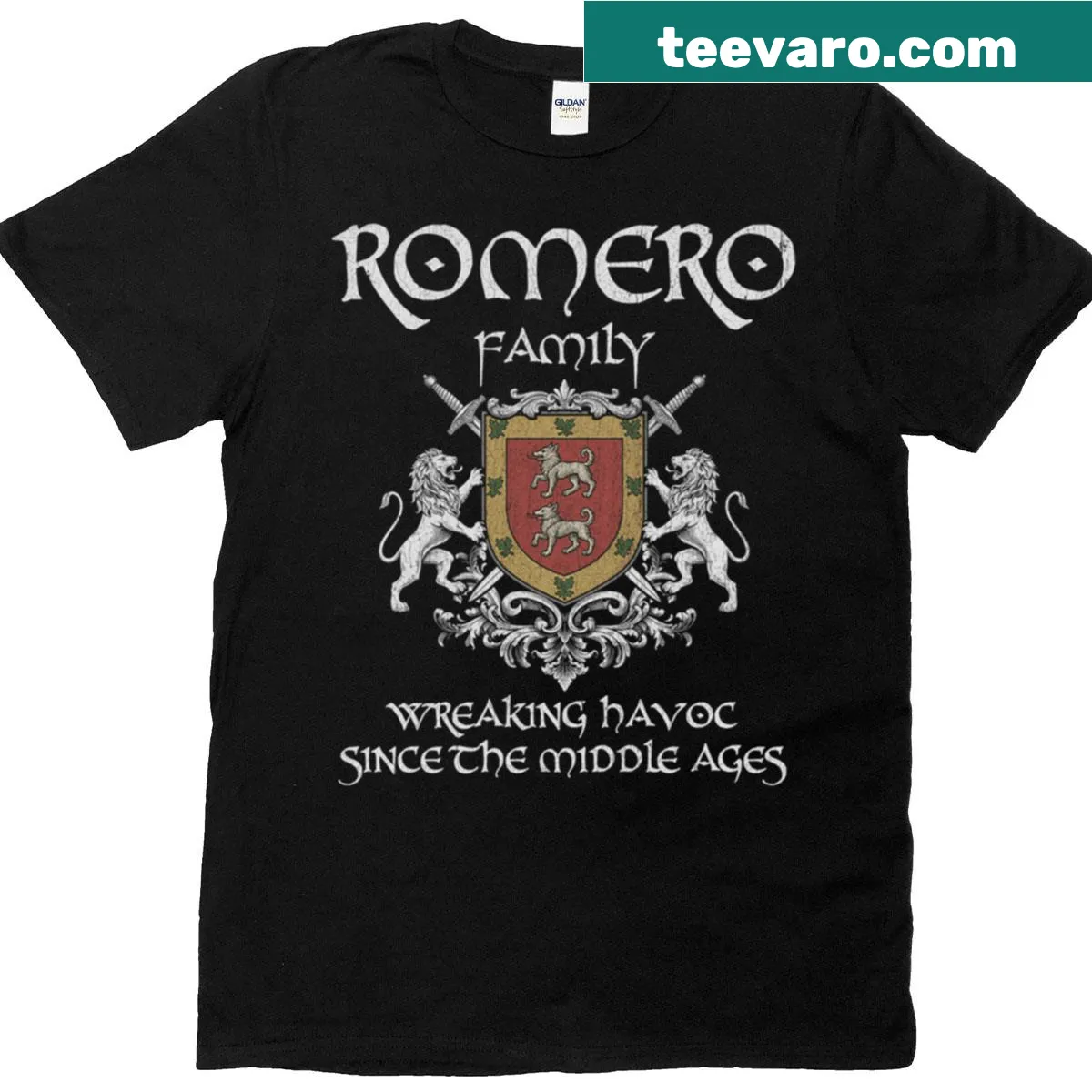 Vintage Romero family crest T-shirt with medieval emblem — on a men's t-shirt