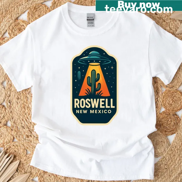 UFO badge design graphic representing Roswell on a t-shirt