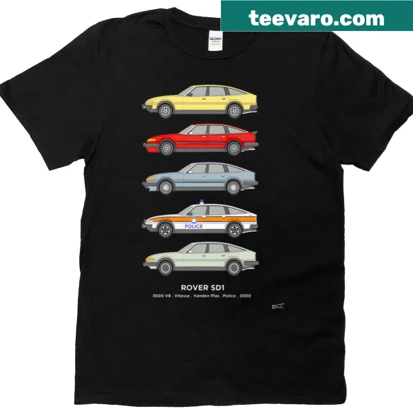 Vintage-style t-shirt featuring a graphic of the classic Rover SD1 car