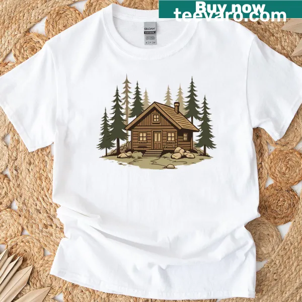 Rustic cabin illustration surrounded by trees on a T-shirt