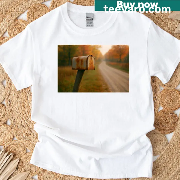 Illustration of a rustic mailbox on an autumn country road