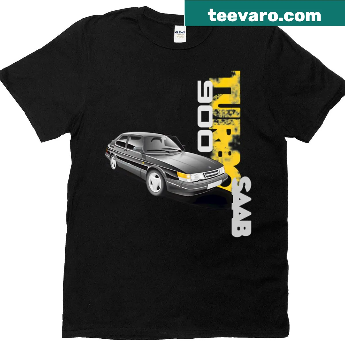 Illustrated t-shirt featuring the Saab 900 Turbo car — on a men's t-shirt
