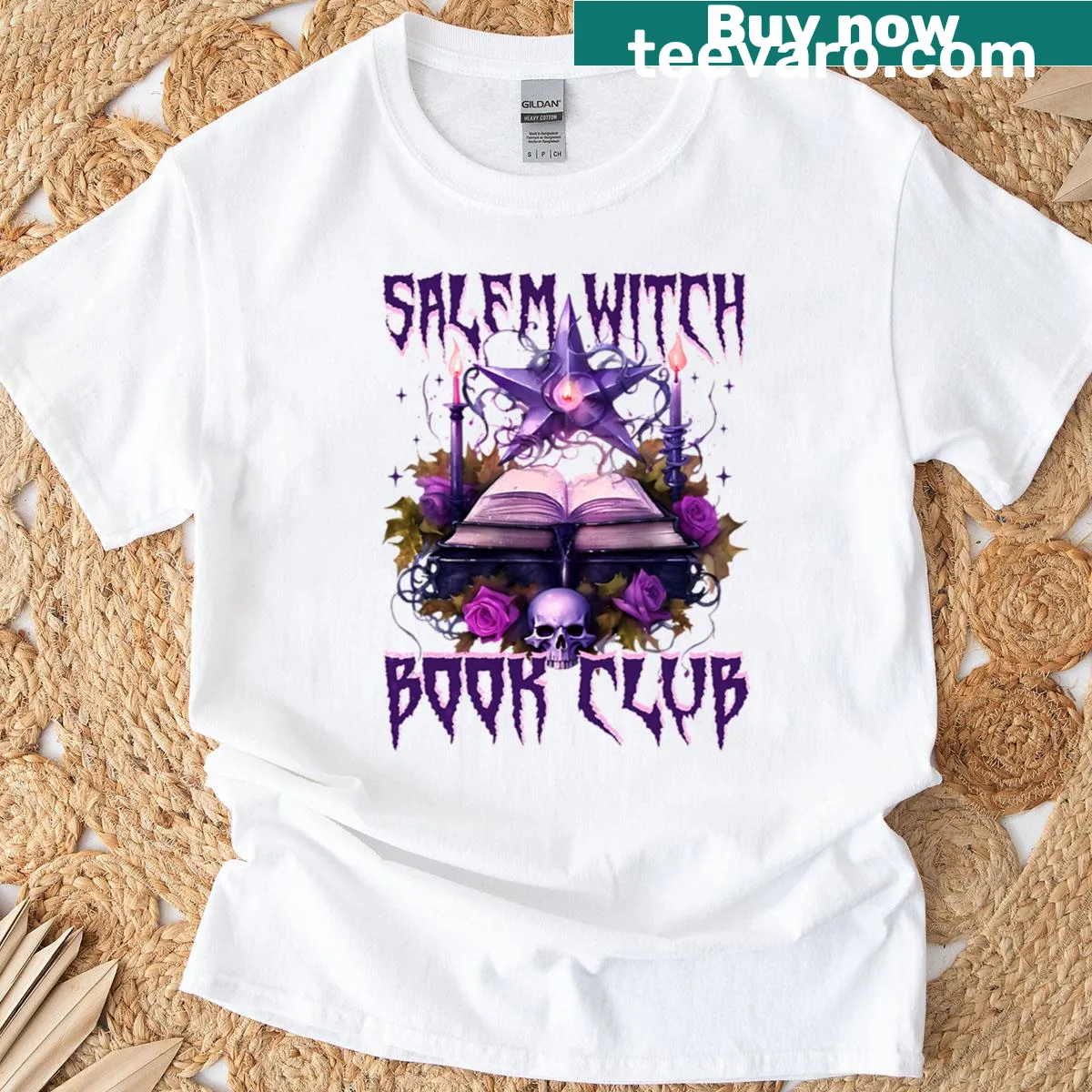 Witch and book-themed illustration on a book club T-shirt — on a men's t-shirt