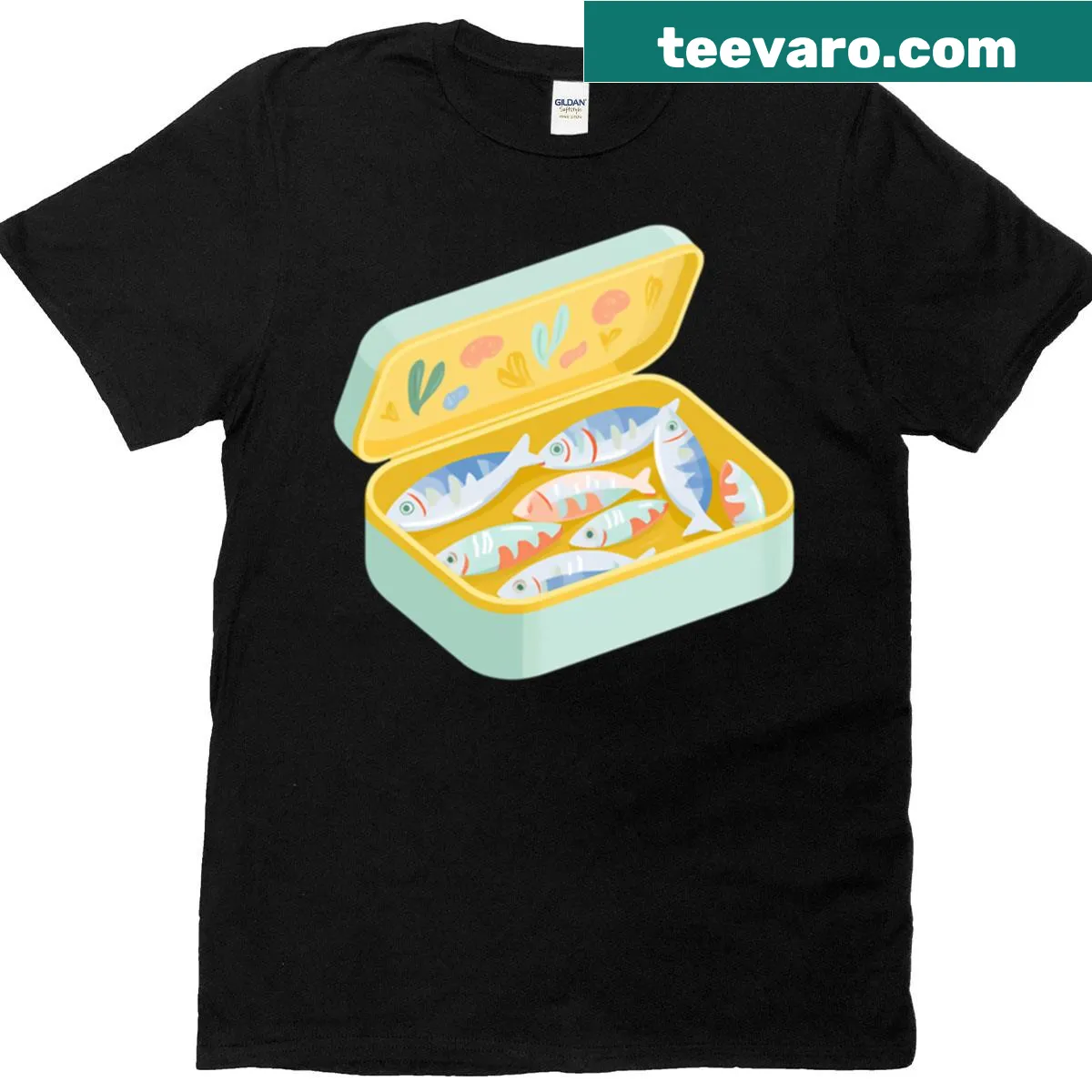 Quirky retro sardines in a can illustration t-shirt — on a men's t-shirt